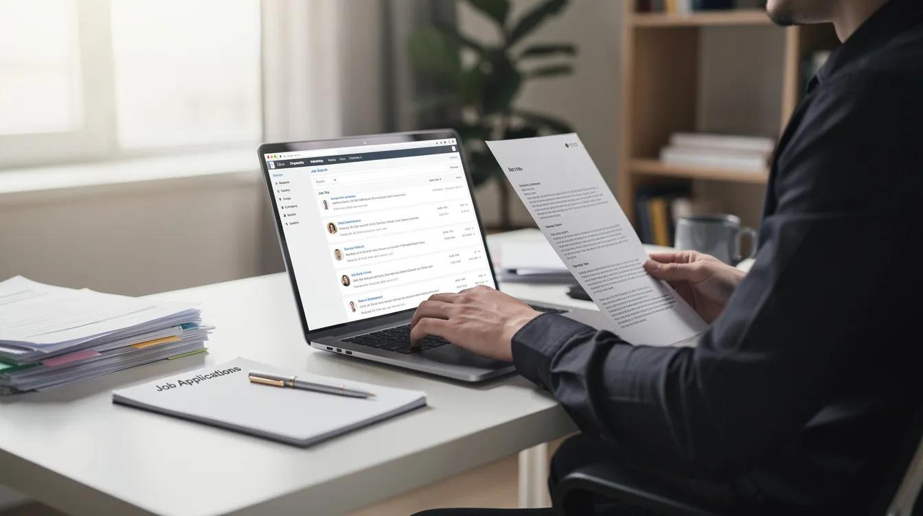 Une personne consulte ses candidatures sur son ordinateur portable après plusieurs recherches d'emploi.